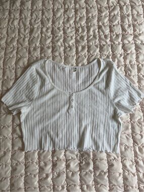 White Ribbed Scoop Neck Crop Top with Button Detail